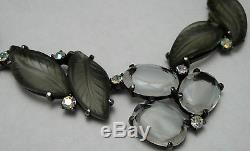 Vtg Schiaparelli Set Givre Rhinestones & Leaf Molded Stone Necklace & Brooch