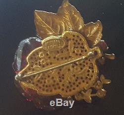 Vtg Signd MIRIAM HASKELL Molded Glass Flower and Brass Leaf with Rhinestone Brooch