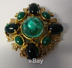 Vtg Signed ART Emerald Green Gripoix Cabochon Rhinestone Seed Pearls Pin Brooch