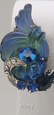 Vtg Signed EDLEE Lrg Blue Glass withClear Rhinestones Brooch & Clip Bk Earring Set