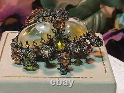 Vtg Signed Schreiner NY Dome Brooch Pin Art Glass Cab Inverted Green Rhinestone