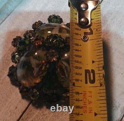 Vtg Signed Schreiner NY Dome Brooch Pin Art Glass Cab Inverted Green Rhinestone