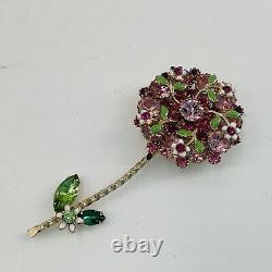 Vtg Signed Weiss Pink Rhinestones Enamel Flowers Jeweled Gold-tone Flower Brooch