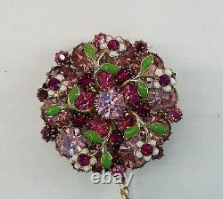 Vtg Signed Weiss Pink Rhinestones Enamel Flowers Jeweled Gold-tone Flower Brooch