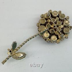 Vtg Signed Weiss Pink Rhinestones Enamel Flowers Jeweled Gold-tone Flower Brooch