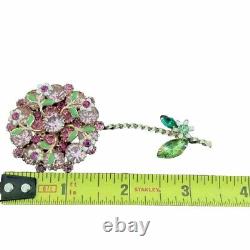 Vtg Signed Weiss Pink Rhinestones Enamel Flowers Jeweled Gold-tone Flower Brooch