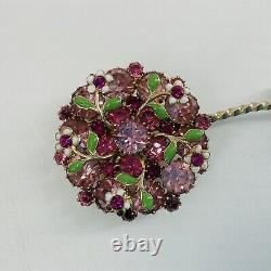 Vtg Signed Weiss Pink Rhinestones Enamel Flowers Jeweled Gold-tone Flower Brooch