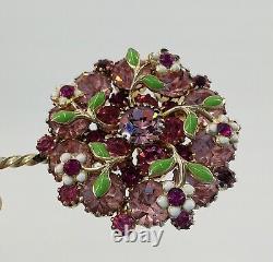 Vtg Signed Weiss Pink Rhinestones Enamel Flowers Jeweled Gold-tone Flower Brooch