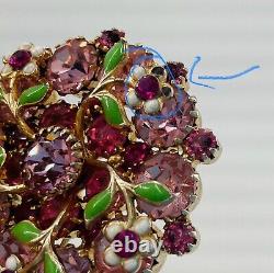 Vtg Signed Weiss Pink Rhinestones Enamel Flowers Jeweled Gold-tone Flower Brooch