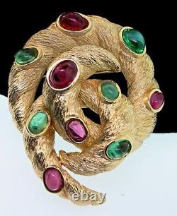 Vtg TRIFARI Jewels of India Moghul Knot Swirl Emerald Ruby Cabochon Brooch Pin