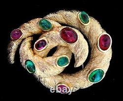 Vtg TRIFARI Jewels of India Moghul Knot Swirl Emerald Ruby Cabochon Brooch Pin