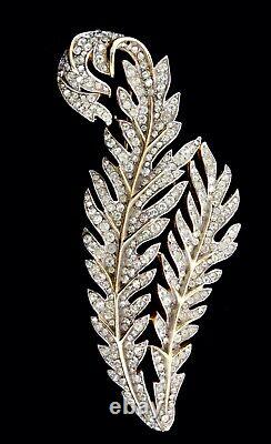Vtg TRIFARI Large Double Feather Leaf Figural Rhinestone Brooch Pin
