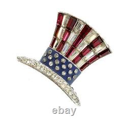 Vtg TRIFARI WW2 Patriotic Uncle Sam Top Hat Figural Rhinestone Enamel Brooch Pin