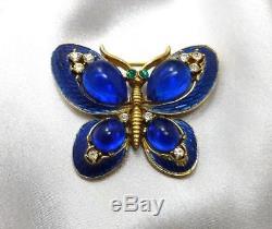 Vtg Trifari L'orient Royal Blue Enamel Cabochons & Rhinestones Butterfly Brooch