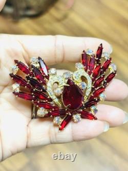 Vtg Unmarked Ruby Red AB Glass Rhinestone Double Swan Love Bird Pin Brooch