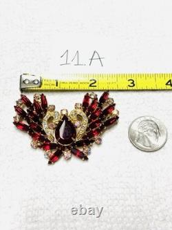 Vtg Unmarked Ruby Red AB Glass Rhinestone Double Swan Love Bird Pin Brooch