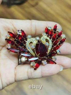 Vtg Unmarked Ruby Red AB Glass Rhinestone Double Swan Love Bird Pin Brooch