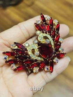 Vtg Unmarked Ruby Red AB Glass Rhinestone Double Swan Love Bird Pin Brooch