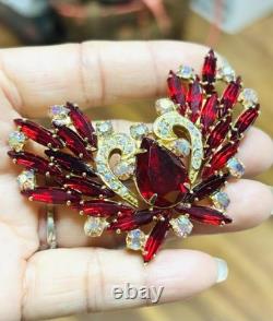 Vtg Unmarked Ruby Red AB Glass Rhinestone Double Swan Love Bird Pin Brooch