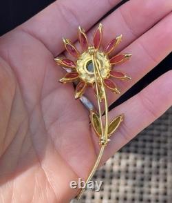 Vtg Unsigned Flower Brooch Rhinestone Gold Tone Stem