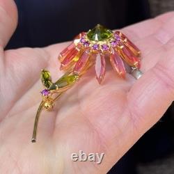 Vtg Unsigned Flower Brooch Rhinestone Gold Tone Stem