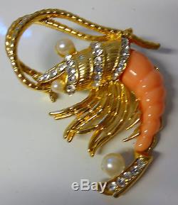 Vtg Unsigned Hattie Carnegie Rhinestone Shrimp Crawfish Crustacean Pin Brooch