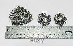 Vtg Unsigned Regency Jewels Brooch Earring set Dark Olive Green Clear Rhinstones