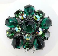 Vtg Unsigned Schreiner Emerald Green Glass Cabochon & Rhinestone Brooch