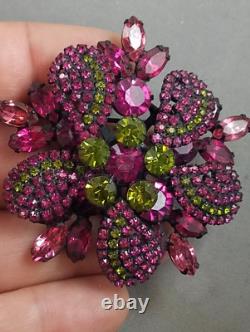 Vtg VENDOME Fuchsia Pink & Green Rhinestone Japanned Metal Flower Brooch Pin