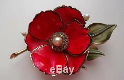 Vtg VENDOME Red Poppy Bud Flower Pearl Rhinestones Enamel Leaf Brooch Pin RARE