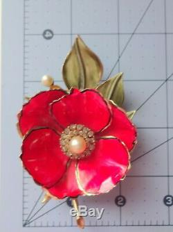Vtg VENDOME Red Poppy Bud Flower Pearl Rhinestones Enamel Leaf Brooch Pin RARE
