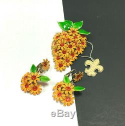 Vtg Vendome MOD 60's Orange Enamel & Rhinestone FLOWER Brooch Earring SET RR20s