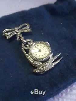 Vtg Watch Clock Pin Brooch Sterling silver Rhinestones Jewelled Ladies