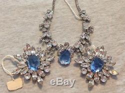 Vtg Weiss Ice Blue Glass Clear Rhinestones Necklace 2 Matching Brooches Set