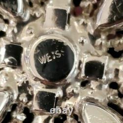 Vtg Weiss Parure Ruby Red/Smoke Rhinestones Silver-tone Bracelet Brooch Earring