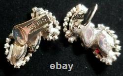 Vtg Weiss Parure Ruby Red/Smoke Rhinestones Silver-tone Bracelet Brooch Earring