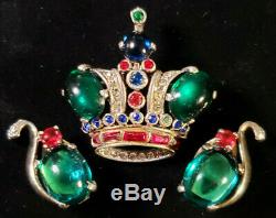 Vtg d- Parure TRIFARI A. PHILIPPE GOLD-Plate Sterling CROWN BROOCH & EARRING SET