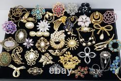 Vtg/now Brooch Pin Lot (41) Flowers Rhinestone Faux Pearl & More Gold/silvertone