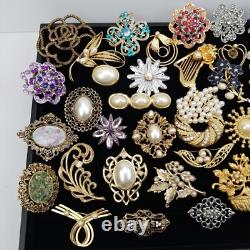 Vtg/now Brooch Pin Lot (41) Flowers Rhinestone Faux Pearl & More Gold/silvertone