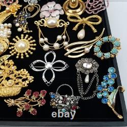 Vtg/now Brooch Pin Lot (41) Flowers Rhinestone Faux Pearl & More Gold/silvertone