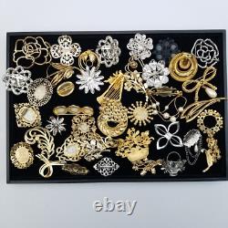 Vtg/now Brooch Pin Lot (41) Flowers Rhinestone Faux Pearl & More Gold/silvertone