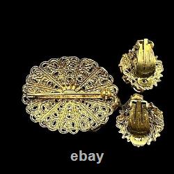 W Germany AB Rhinestone Brooch Earring Set Vintage Signed Gold Tone Stunning