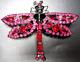 WEISS Pink & Red Rhinestone Black Japanned Dragonfly Vintage Pin Brooch