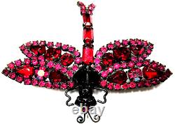 WEISS Pink & Red Rhinestone Black Japanned Dragonfly Vintage Pin Brooch
