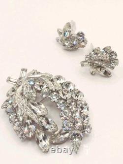 Weiss Brooch Vintage 1950s Demi Parure W Clip Earr Rhodium Plated Stunning 0229