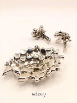 Weiss Brooch Vintage 1950s Demi Parure W Clip Earr Rhodium Plated Stunning 0229