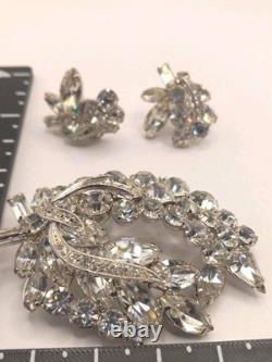 Weiss Brooch Vintage 1950s Demi Parure W Clip Earr Rhodium Plated Stunning 0229