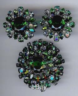 Weiss Gorgeous Huge Vintage Emerald Green Rhinestone Pin Brooch & Earrings Set