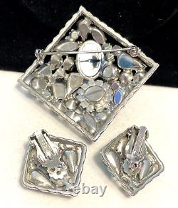 Weiss Set Brooch Earrings Rare Vintage Blue Gripoix Glass Rhinestone Signed A50