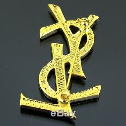 YVES SAINT LAURENT Vintage YSL Logos Rhinestone Pin Brooch Gold color